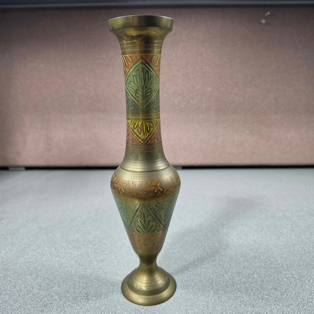 Colored Etched Brass Bud Vase Excellent Enamel‎ Detail